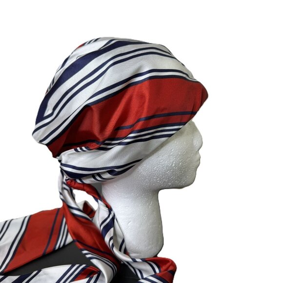 Vintage Red, White & Blue Satin Draped Head Scarf Turban, Handmade Headwear - Picture 1 of 4